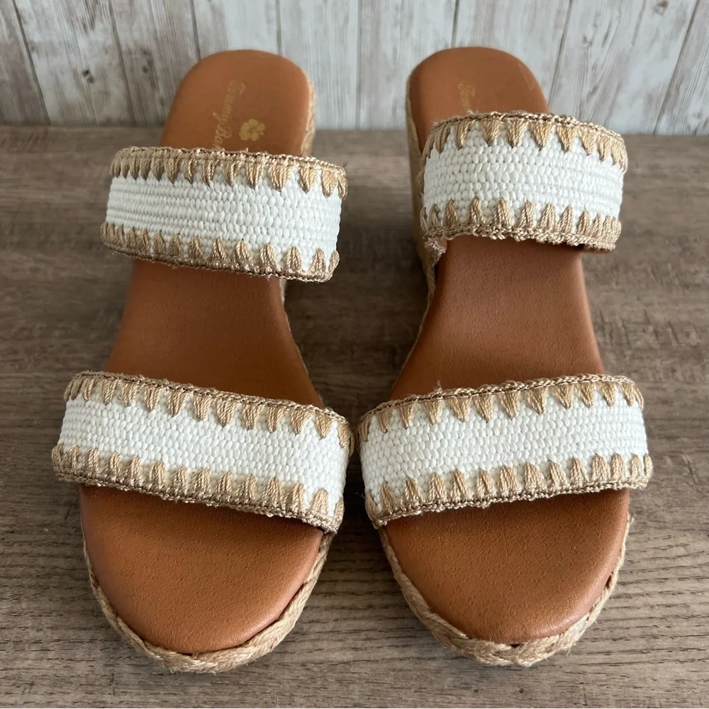 Tommy Bahama Cream Tan Woven Espadrille Wedge Sandals Beachy Resort Size 6.5